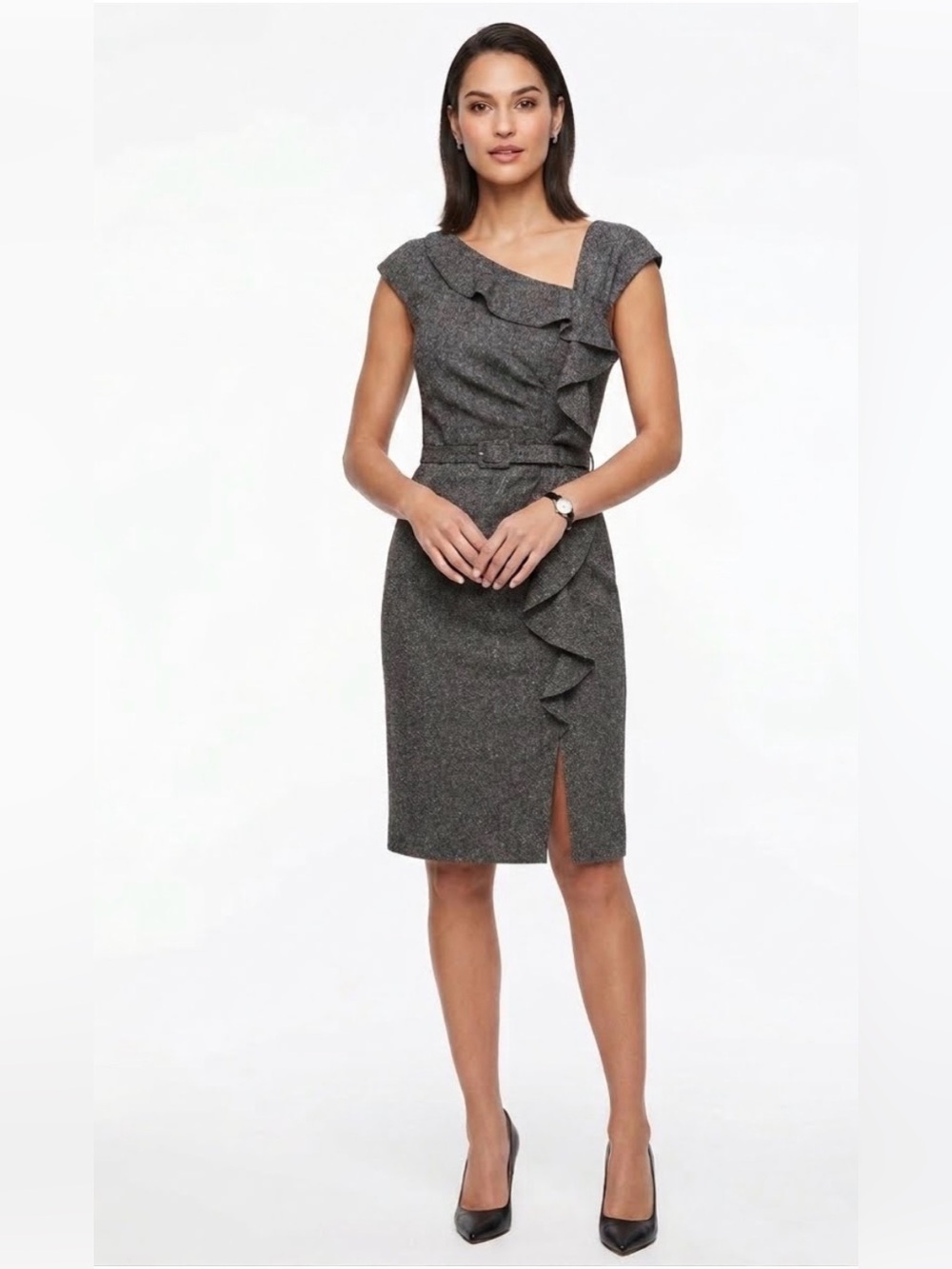 White House Black Market One-Shoulder Gray Ruffle Sheath Dress Size 4